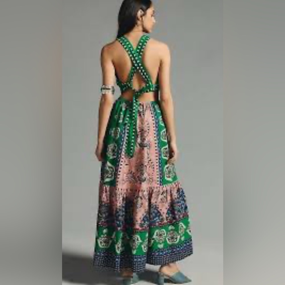 FARM Rio Green Pink Blue Printed Halter Maxi Dress - Picture 2 of 3